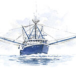 An image of a watercolor painting showing aNew Jersey fishing boat
